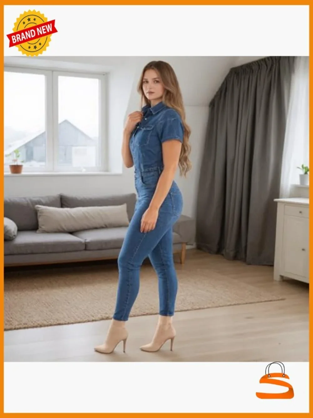 Slim Fit Denim Jumpsuit with Pockets Button Down Long Sleeve Romper